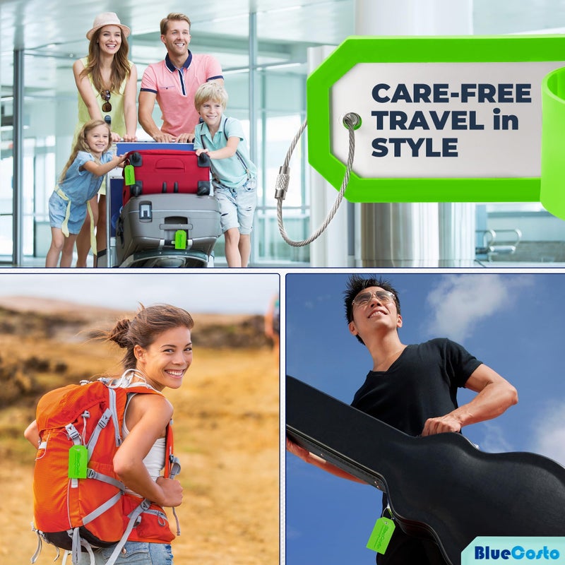BlueCosto - Luggage tags - large, green, 5 pieces - PVC luggage tags with privacy screen and stainless steel wire loops - personalized luggage identification for travel - name labels for backpacks - Image 5